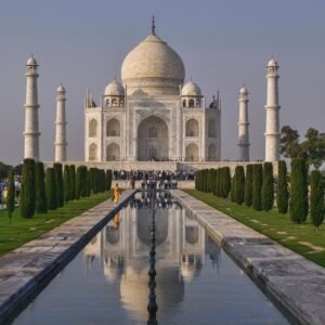 A picturesque view of the Taj Mahal, reflecting the beauty of the Agra Taj Mahal Tours